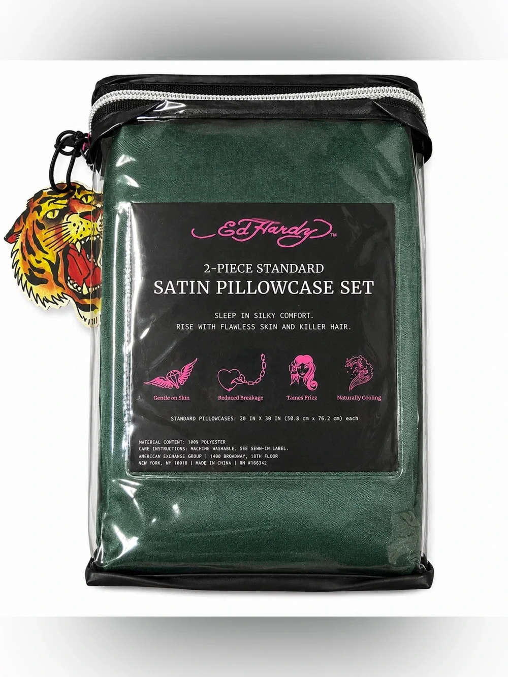 Ed Hardy 2 Piece Satin Pillowcase Set Standard Green Tattoo Tiger NWT